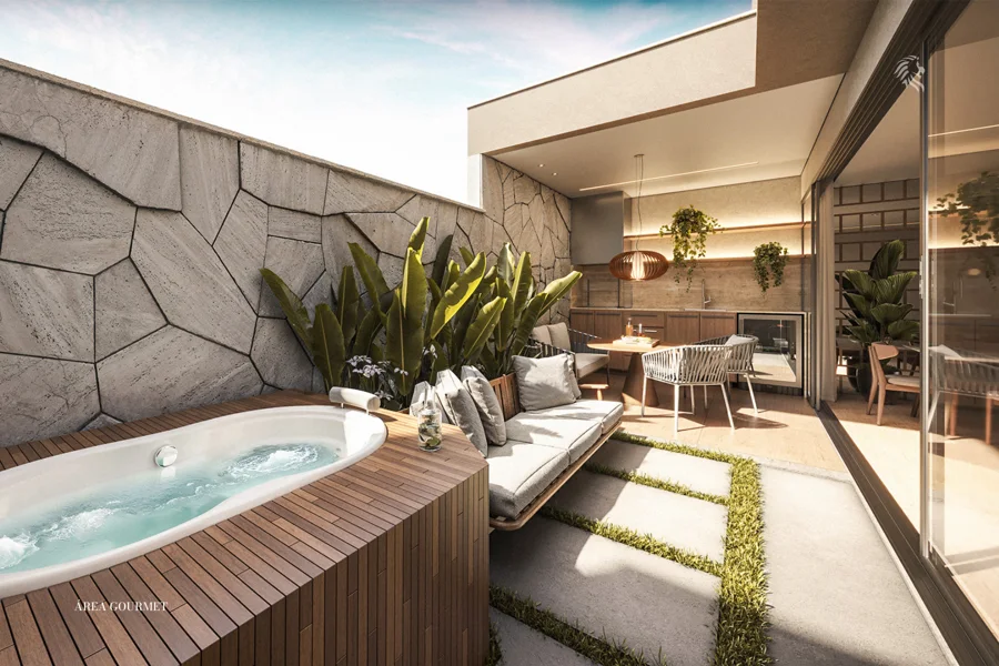 Jardim e área gourmet da casa — perspectiva ilustrativa