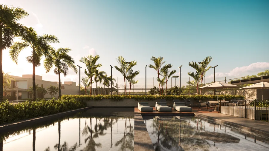Piscinas e deck do clube — perspectiva ilustrativa