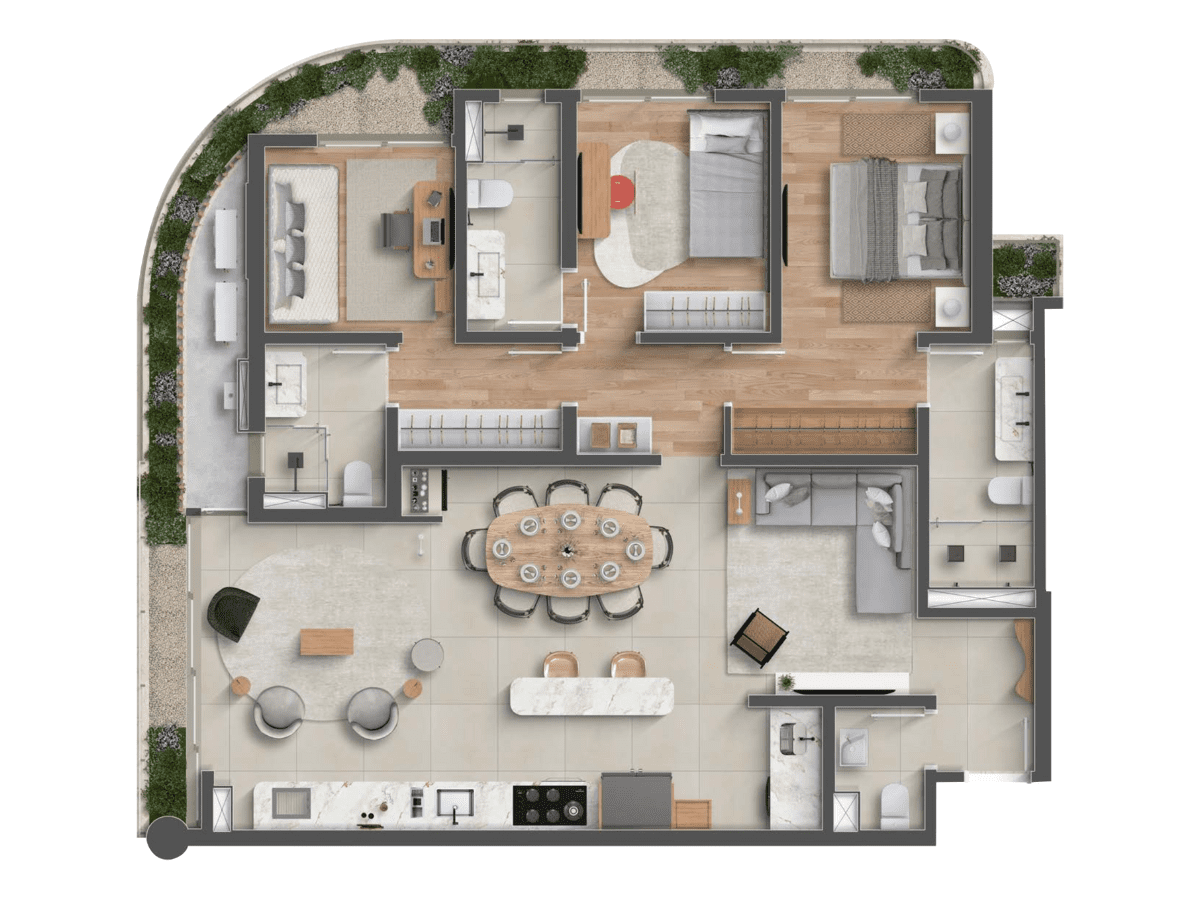 Plantas do Horizon Residence — opções de 2 e 3 suítes com varanda