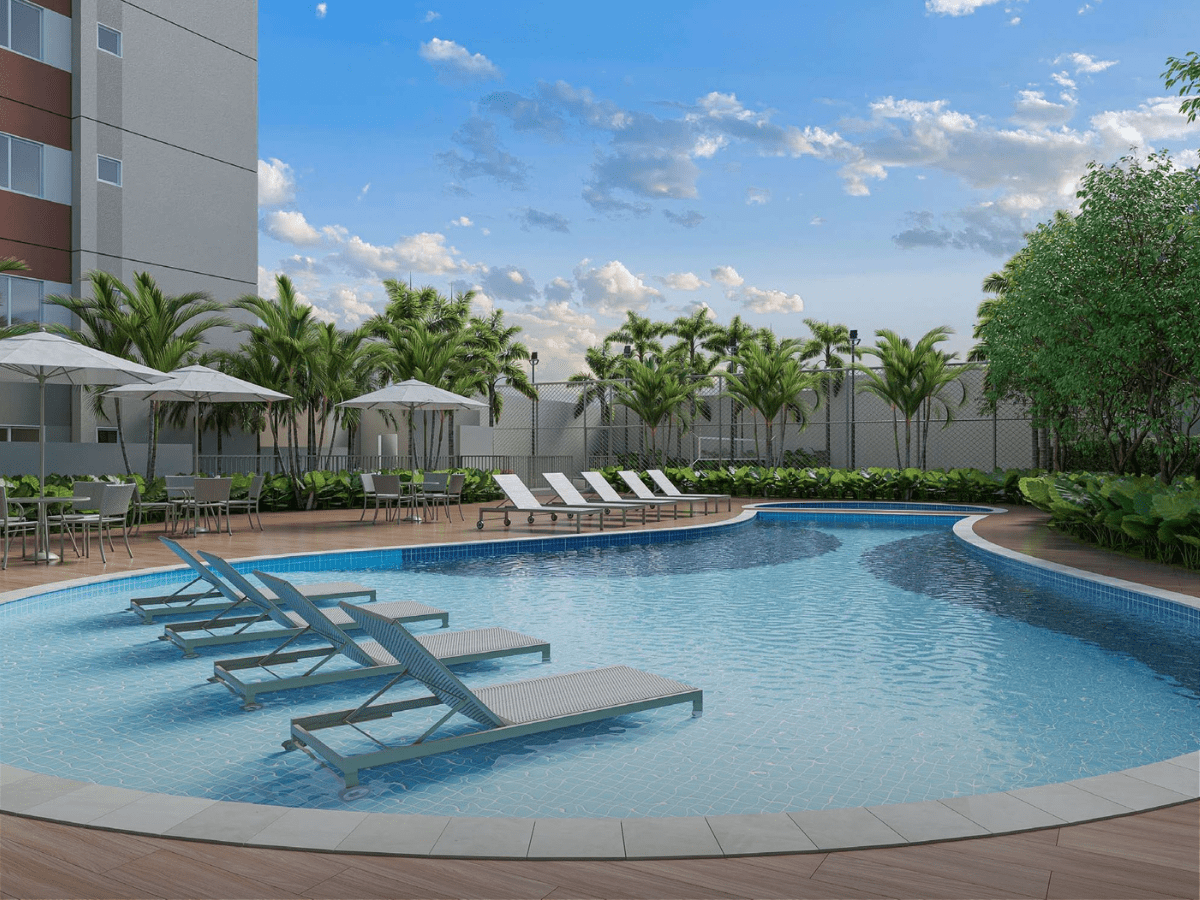 Lazer do Sky Redentora com piscina, academia, espaços gourmet e salão de festas